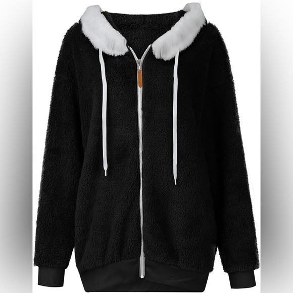 Winter Coats for Women Fuzzy Fleece Jacket Zipper Hooded Color Block Patchwork - Picture 1 of 7